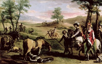 Don Quichot valt van zijn paard voor de hertogen door Zacarias Gonzalez Velazquez